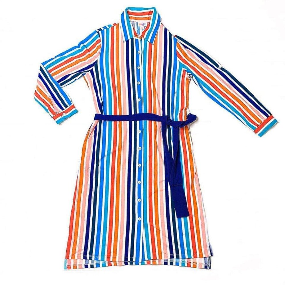 NEW XL LuLaRoe Ellie Shirt Dress Blue Color Stripe Orange Full Button Multi Tie